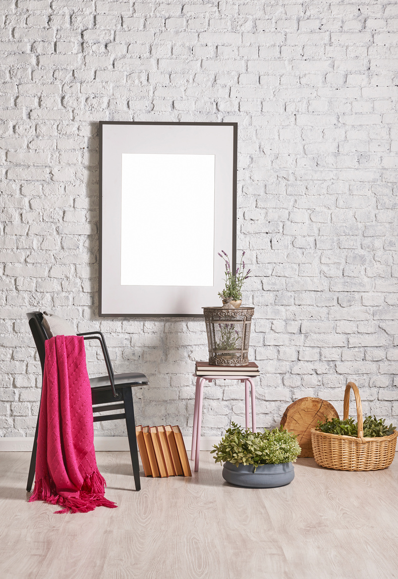 modern home study room with white brick wall and vase flower book